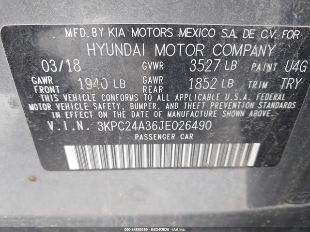 Aukcja sprzedaży 2018 Hyundai Accent Se, vin: 3KPC24A36JE026490, numer aukcji: 44889359