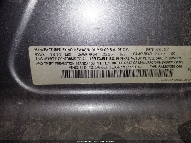 44889360 :رقم المزاد ، 3VWEF71K47M193304 vin ، 2007 Volkswagen Jetta Wolfsburg Edition مزاد بيع