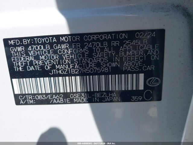 Auction sale of the 2024 Lexus Is 350 F Sport, vin: JTHGZ1B27R5075981, lot number: 44889363