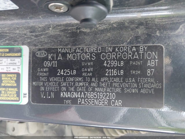 Aukcja sprzedaży 2011 Kia Optima Ex, vin: KNAGN4A76B5192210, numer aukcji: 44889365