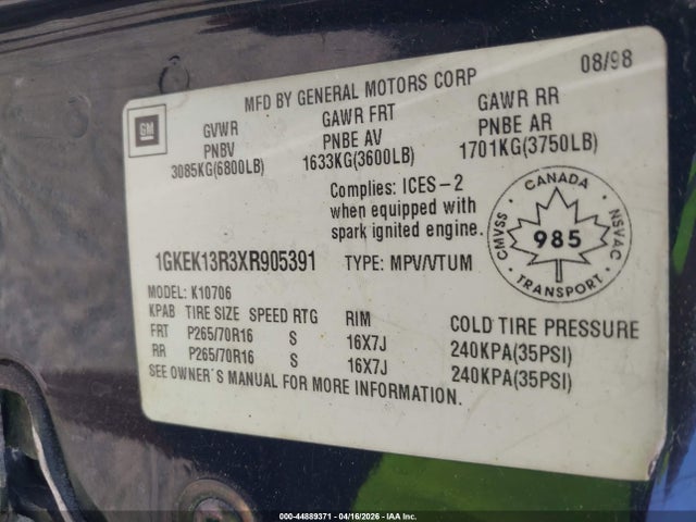 Aukcja sprzedaży 1999 Gmc Yukon Denali, vin: 1GKEK13R3XR905391, numer aukcji: 44889371