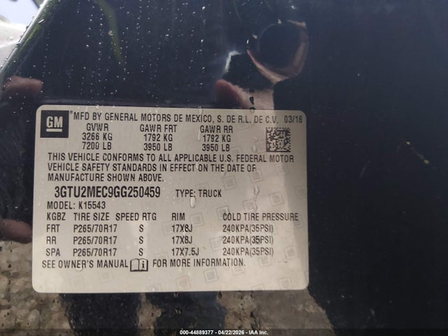 Aukcja sprzedaży 2016 Gmc Sierra 1500 Sle, vin: 3GTU2MEC9GG250459, numer aukcji: 44889377