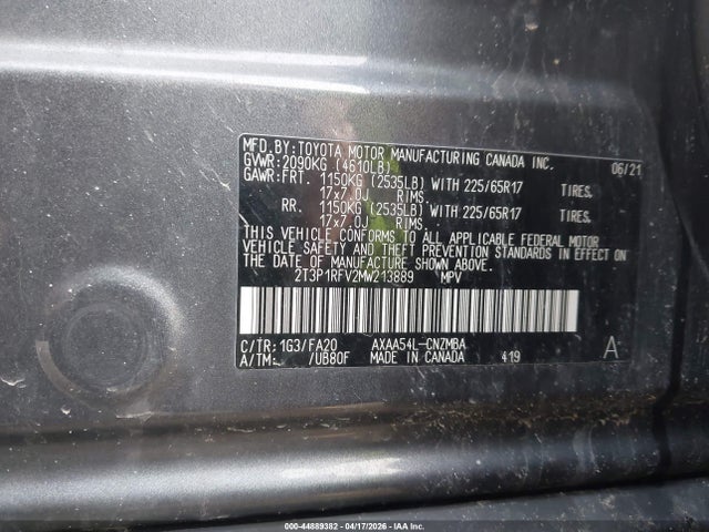 Продаж на аукціоні авто 2021 Toyota Rav4 Xle, vin: 2T3P1RFV2MW213889, номер лоту: 44889382