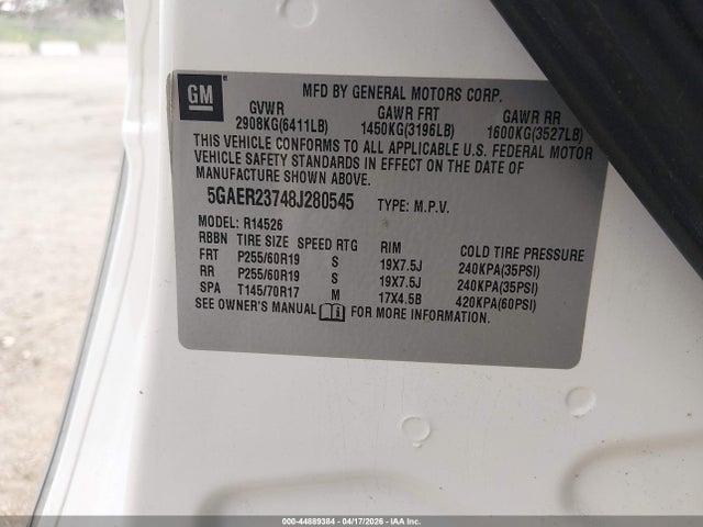 44889384 :رقم المزاد ، 5GAER23748J280545 vin ، 2008 Buick Enclave Cxl مزاد بيع