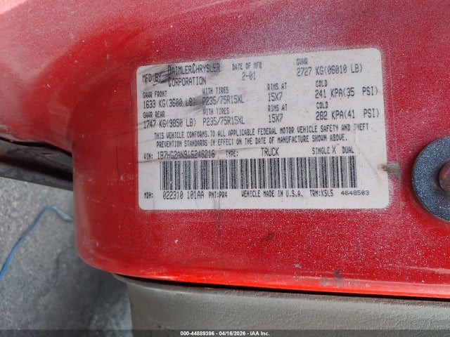 Aukcja sprzedaży 2001 Dodge Dakota Slt/sport, vin: 1B7HG2AN91S246216, numer aukcji: 44889396