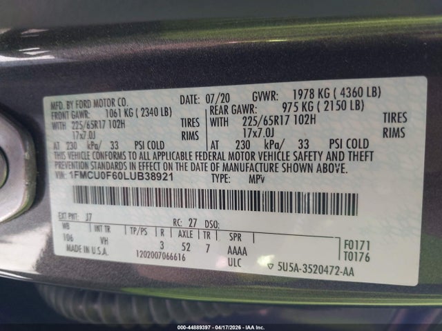 Продаж на аукціоні авто 2020 Ford Escape S, vin: 1FMCU0F60LUB38921, номер лоту: 44889397