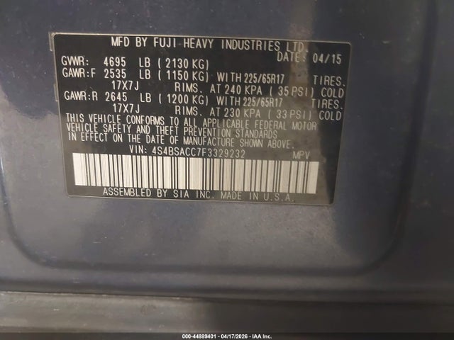 Aukcja sprzedaży 2015 Subaru Outback 2.5i Premium, vin: 4S4BSACC7F3329232, numer aukcji: 44889401