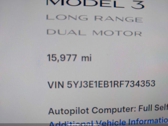44889402 :رقم المزاد ، 5YJ3E1EB1RF734353 vin ، 2024 Tesla Model 3 Long Range Dual Motor All-wheel Drive مزاد بيع