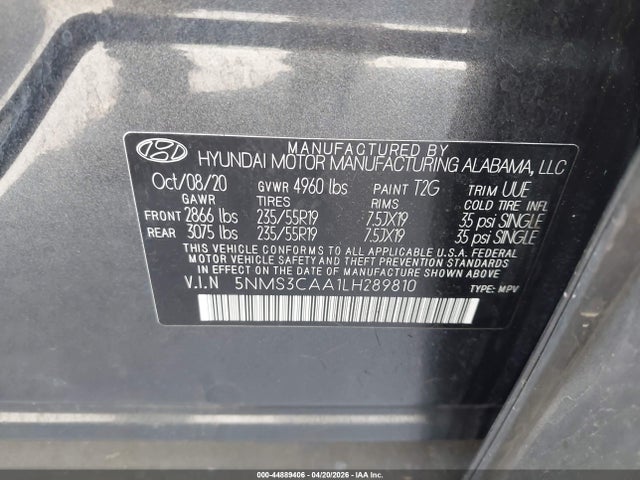 Продажа на аукционе авто 2020 Hyundai Santa Fe Sel 2.0t, vin: 5NMS3CAA1LH289810, номер лота: 44889406