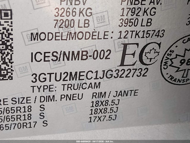 44889420 :رقم المزاد ، 3GTU2MEC1JG322732 vin ، 2018 Gmc Sierra 1500 Sle مزاد بيع