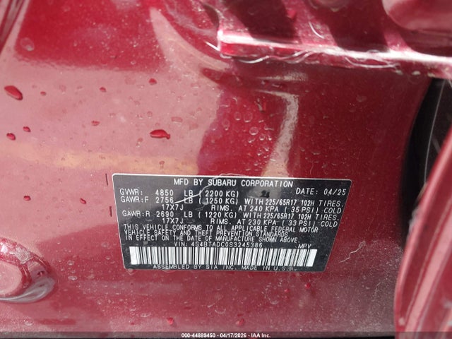 2025 Subaru Outback Premium მანქანა იყიდება აუქციონზე, vin: 4S4BTADC0S3245386, აუქციონის ნომერი: 44889450
