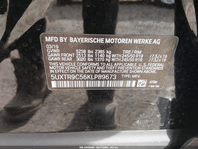 Продаж на аукціоні авто 2019 Bmw X3 Xdrive30i, vin: 5UXTR9C56KLP89673, номер лоту: 44889460