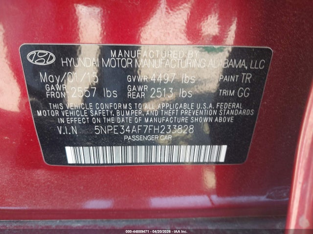 44889471 :رقم المزاد ، 5NPE34AF7FH233828 vin ، 2015 Hyundai Sonata Sport مزاد بيع
