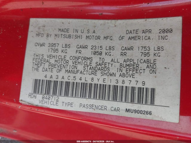 2000 MITSUBISHI ECLIPSE 4A3AC54L8YE138779 Photo 8