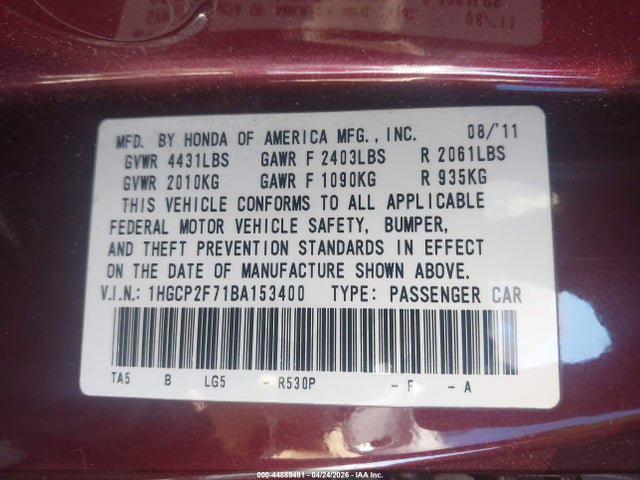 44889481 :رقم المزاد ، 1HGCP2F71BA153400 vin ، 2011 Honda Accord 2.4 Ex مزاد بيع