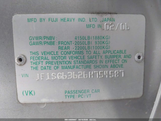 2006 Subaru Forester 2.5x მანქანა იყიდება აუქციონზე, vin: JF1SG63626H754587, აუქციონის ნომერი: 44889487