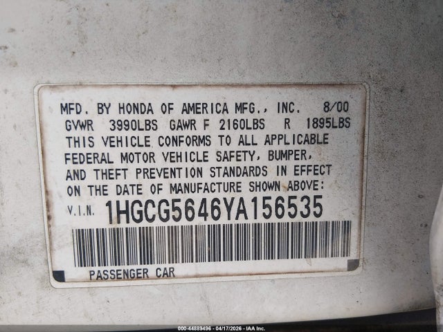 Aukcja sprzedaży 2000 Honda Accord 2.3 Lx, vin: 1HGCG5646YA156535, numer aukcji: 44889496