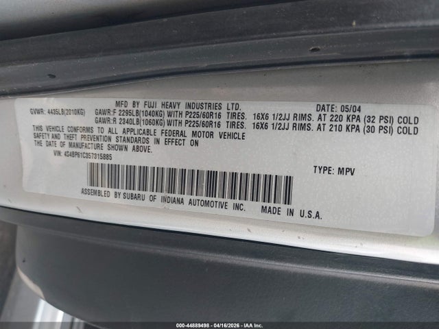 Продаж на аукціоні авто 2005 Subaru Outback 2.5i, vin: 4S4BP61C357315885, номер лоту: 44889498
