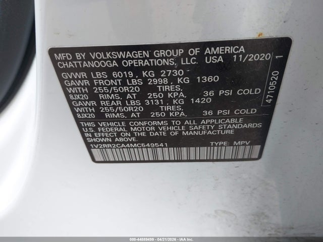 Aukcja sprzedaży 2021 Volkswagen Atlas 3.6l V6 Se W/technology R-line, vin: 1V2RR2CA4MC549541, numer aukcji: 44889499