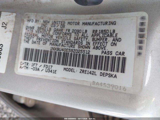 2009 Toyota Corolla S მანქანა იყიდება აუქციონზე, vin: 1NXBU40E59Z025512, აუქციონის ნომერი: 44889502