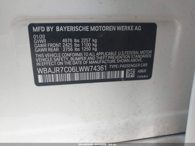 2020 Bmw 530i Xdrive მანქანა იყიდება აუქციონზე, vin: WBAJR7C06LWW74361, აუქციონის ნომერი: 44889509