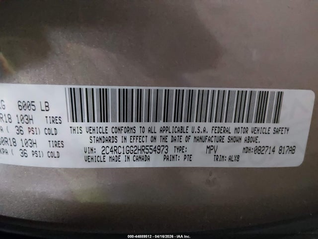 44889512 :رقم المزاد ، 2C4RC1GG2HR554973 vin ، 2017 Chrysler Pacifica Limited مزاد بيع