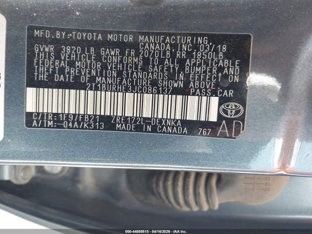 Aukcja sprzedaży 2018 Toyota Corolla Le, vin: 2T1BURHE3JC086137, numer aukcji: 44889515