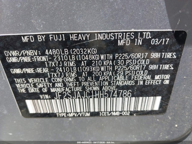 44889523 :رقم المزاد ، JF2SJAJC1HH574786 vin ، 2017 Subaru Forester 2.5i Limited مزاد بيع