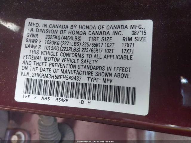 44889527 :رقم المزاد ، 2HKRM3H58FH549437 vin ، 2015 Honda Cr-v Ex مزاد بيع