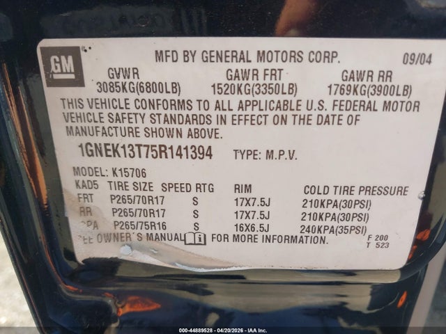 44889528 :رقم المزاد ، 1GNEK13T75R141394 vin ، 2005 Chevrolet Tahoe Z71 مزاد بيع