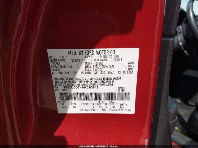 44889547 :رقم المزاد ، 1FMCU0D74AKC63618 vin ، 2010 Ford Escape Xlt مزاد بيع