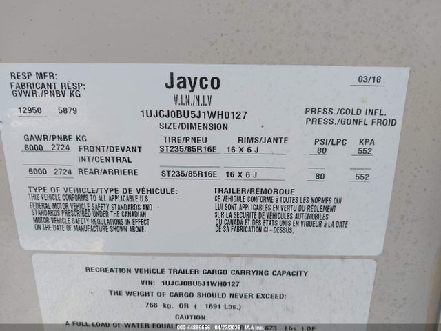 Aukcja sprzedaży 2018 Jayco Eagle, vin: 1UJCJ0BU5J1WH0127, numer aukcji: 44889566