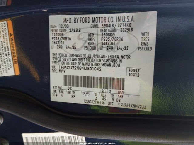 44889569 :رقم المزاد ، 1FMZU72K84UB01042 vin ، 2004 Ford Explorer Xls مزاد بيع