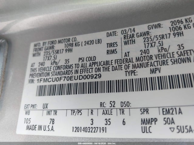 44889580 :رقم المزاد ، 1FMCU0F70EUD00929 vin ، 2014 Ford Escape S مزاد بيع