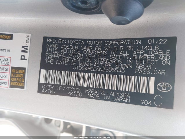 Aukcja sprzedaży 2022 Toyota Corolla Se, vin: JTDS4MCE6N3505543, numer aukcji: 44889583