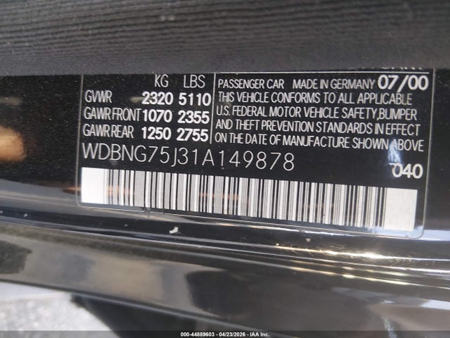 Продажа на аукционе авто 2001 Mercedes-benz S 500, vin: WDBNG75J31A149878, номер лота: 44889603