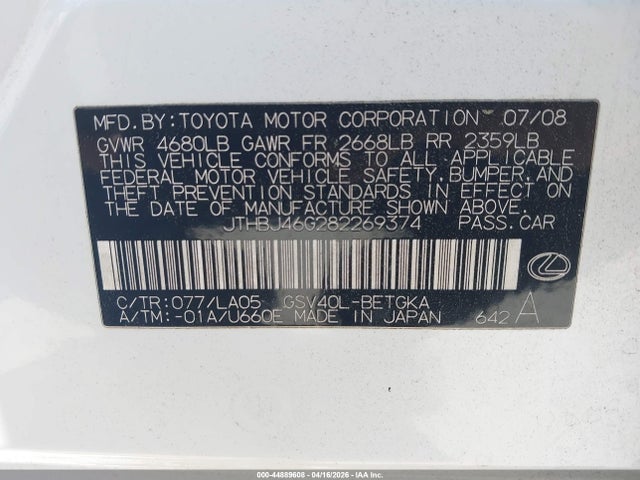 Aukcja sprzedaży 2008 Lexus Es 350, vin: JTHBJ46G282269374, numer aukcji: 44889608