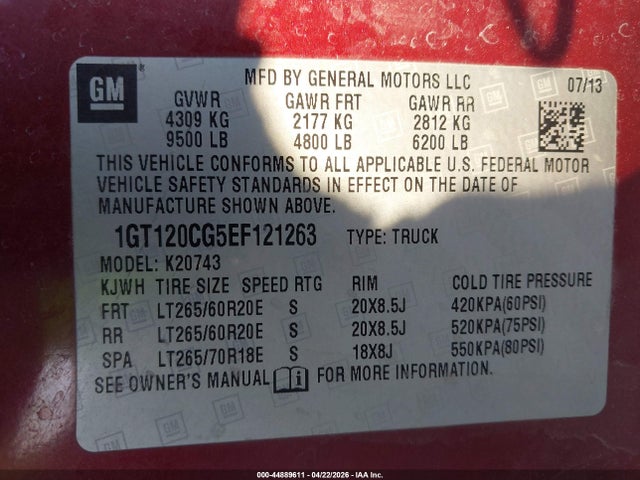 44889611 :رقم المزاد ، 1GT120CG5EF121263 vin ، 2014 Gmc Sierra 2500hd Sle مزاد بيع