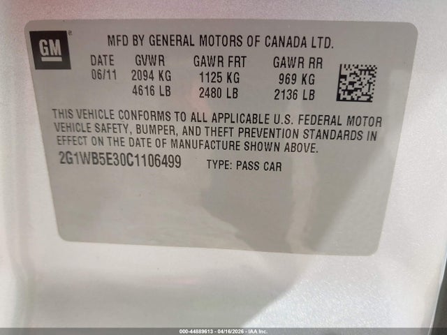 44889613 :رقم المزاد ، 2G1WB5E30C1106499 vin ، 2012 Chevrolet Impala Lt مزاد بيع