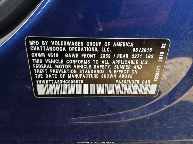 Продажа на аукционе авто 2017 Volkswagen Passat 1.8t Se, vin: 1VWBT7A33HC008070, номер лота: 44889615
