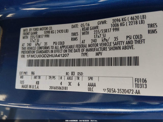 1FMCU0GD2HUA41207 Ford ESCAPE SE