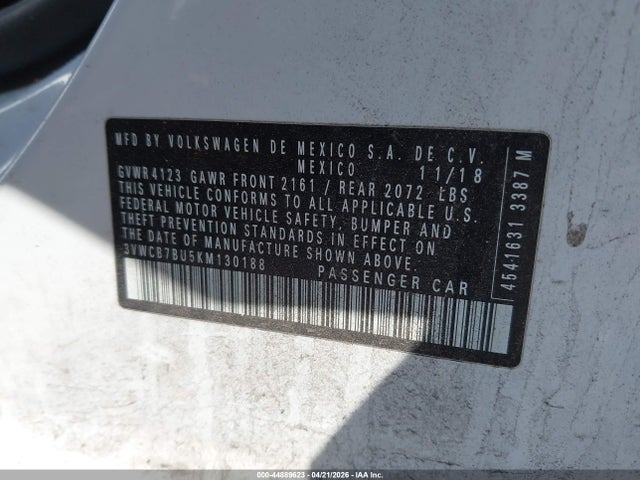 2019 Volkswagen Jetta 1.4t R-line/1.4t S/1.4t Se მანქანა იყიდება აუქციონზე, vin: 3VWCB7BU5KM130188, აუქციონის ნომერი: 44889623