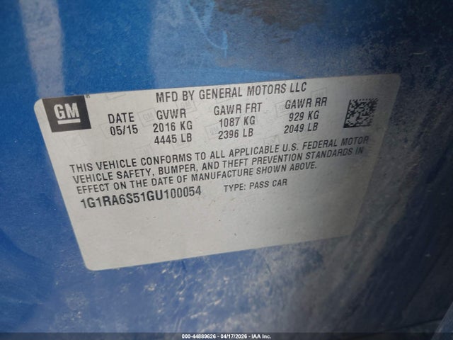 Aukcja sprzedaży 2016 Chevrolet Volt Lt, vin: 1G1RA6S51GU100054, numer aukcji: 44889626