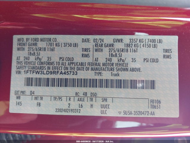 2024 Ford F-150 Xlt მანქანა იყიდება აუქციონზე, vin: 1FTFW3LD9RFA45733, აუქციონის ნომერი: 44889638
