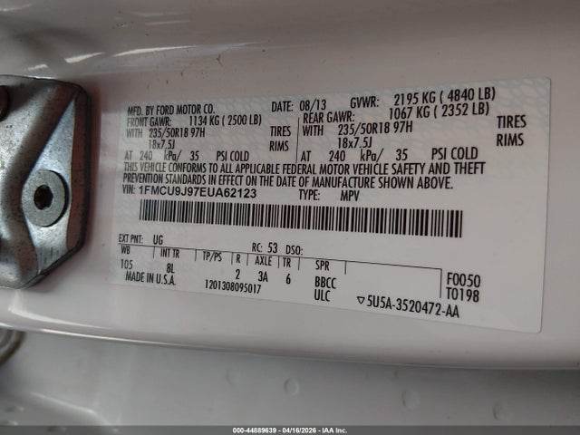 44889639 :رقم المزاد ، 1FMCU9J97EUA62123 vin ، 2014 Ford Escape Titanium مزاد بيع