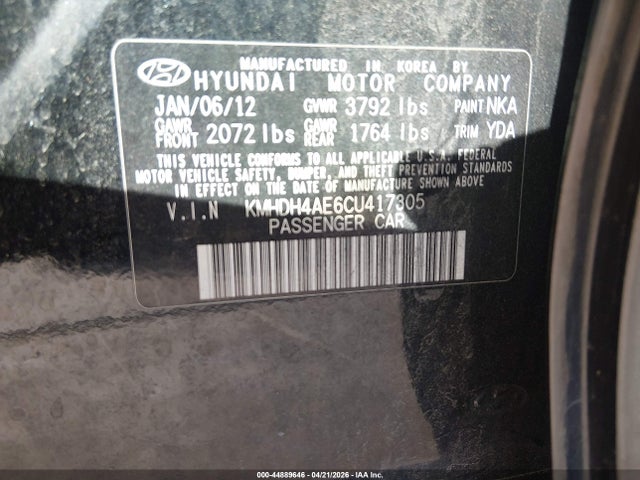 44889646 :رقم المزاد ، KMHDH4AE6CU417305 vin ، 2012 Hyundai Elantra Gls (ulsan Plant) مزاد بيع