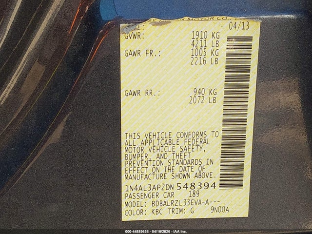 Продажа на аукционе авто 2013 Nissan Altima 2.5 S, vin: 1N4AL3AP2DN548394, номер лота: 44889658