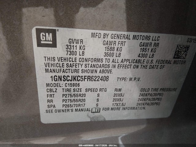 Aukcja sprzedaży 2015 Chevrolet Suburban 1500 Lt, vin: 1GNSCJKC5FR622408, numer aukcji: 44889665
