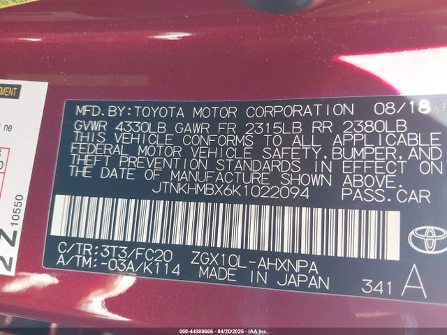 JTNKHMBX6K1022094 Toyota C-HR LE