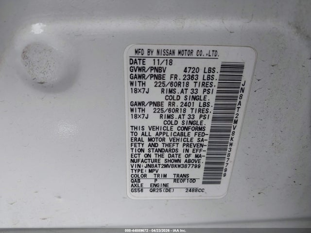 Продаж на аукціоні авто 2019 Nissan Rogue Sv, vin: JN8AT2MV8KW387799, номер лоту: 44889672